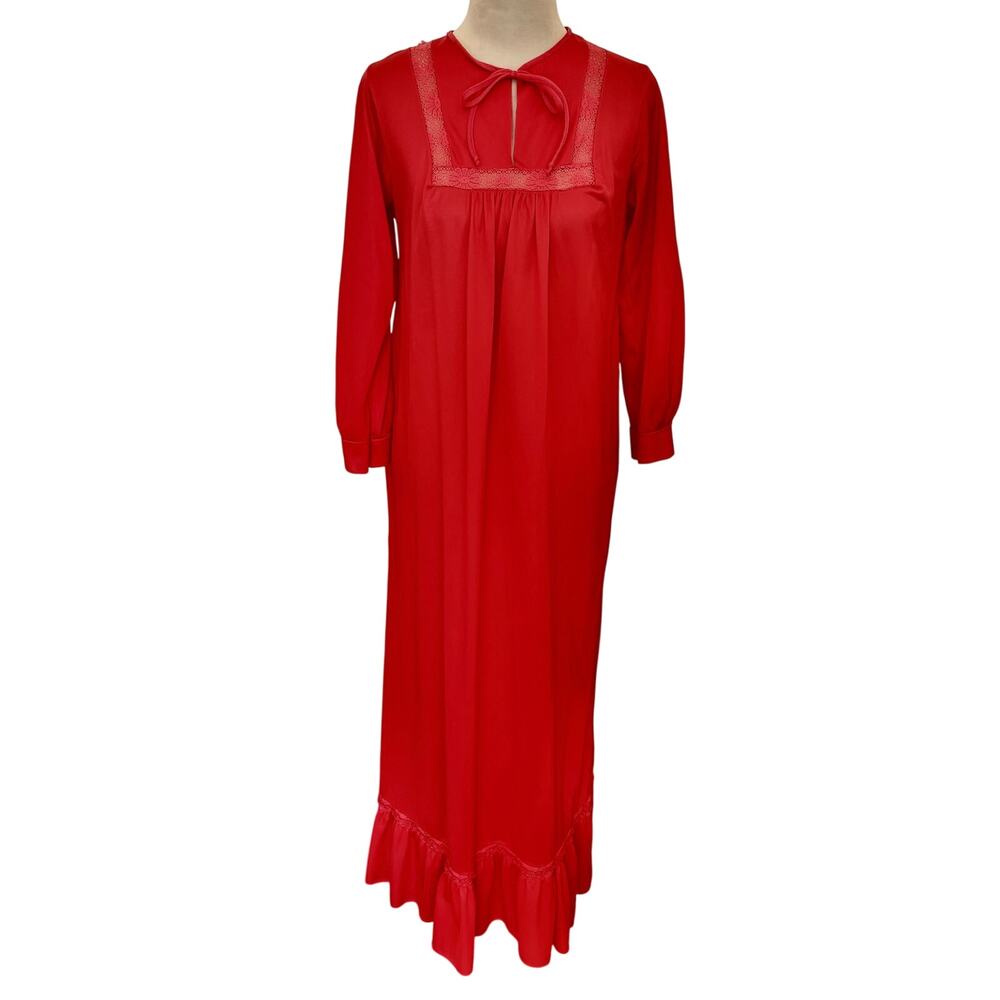 Vintage 60's Nancy King Red Nylon Lace Nightgown Long Sleeve Ruffled Retro S